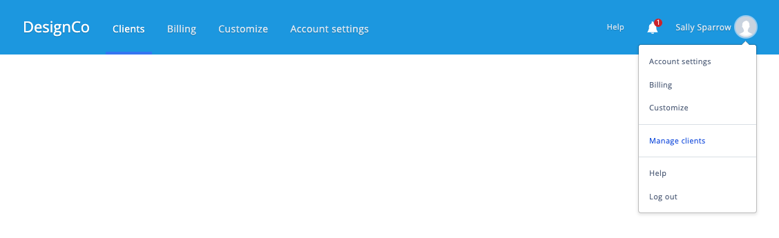 The agency navigation menu, with the profile menu open