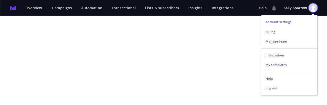 The direct navigation menu, with the profile menu open