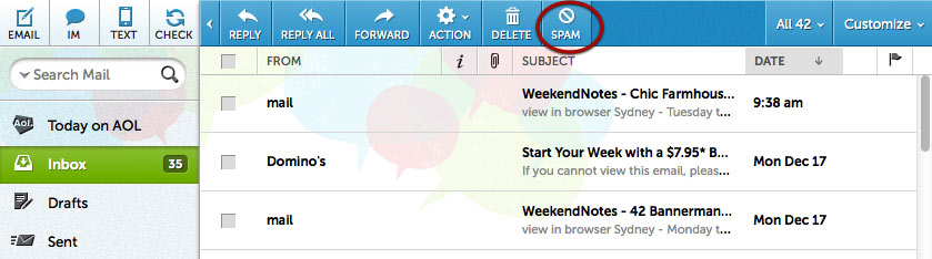 AOL inbox, highlighting the SPAM button