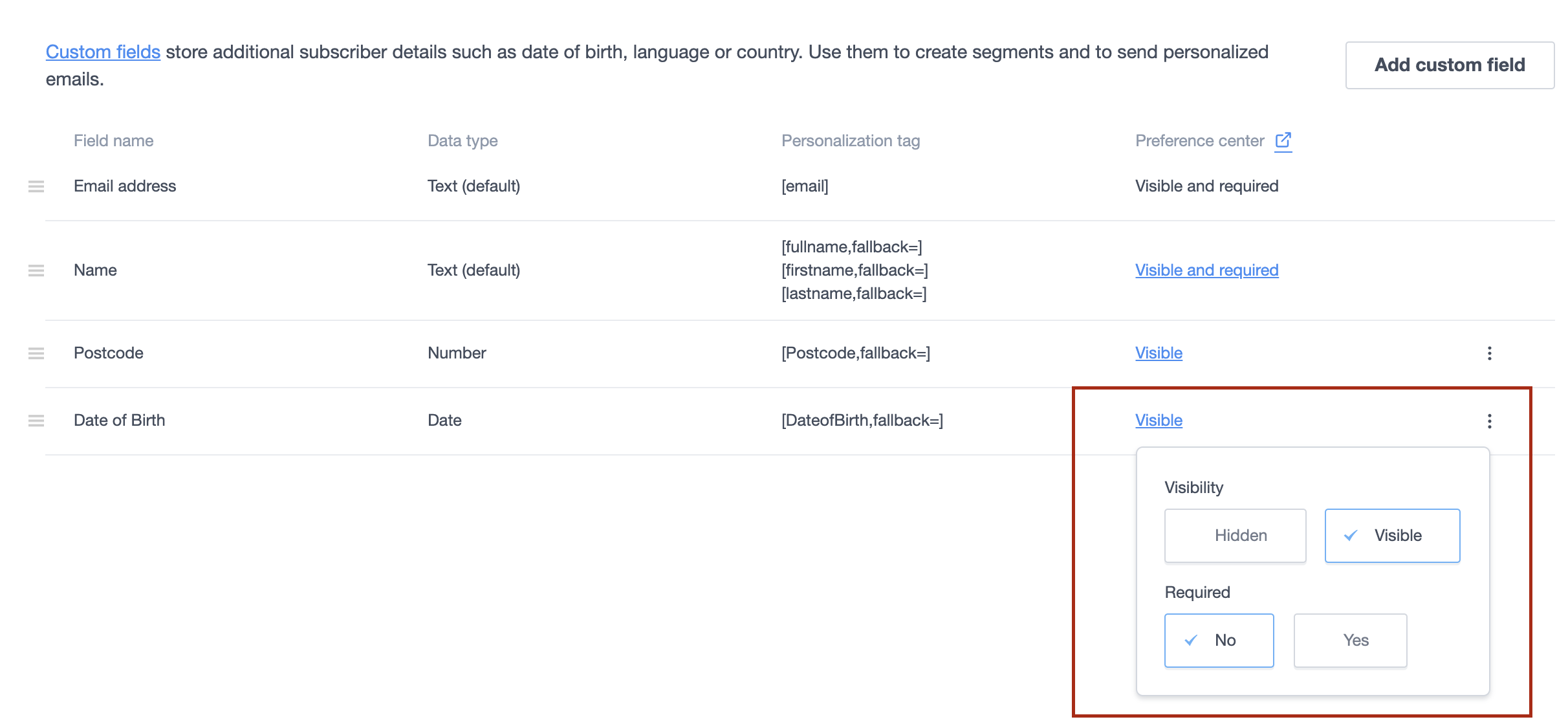 A list of custom fields, with the "Visible" checkbox highlighted