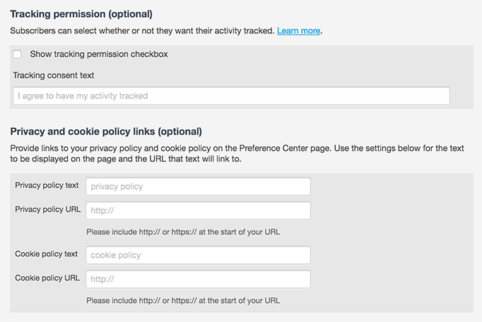 The tracking permission and policy options shown during preference center customization