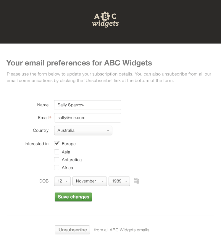 A subscriber preference center with custom header