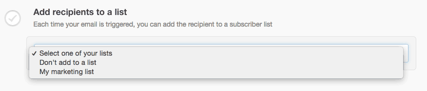 The "Add recipients to a list" section of the "Create smart email" page