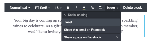 The text toolbar in the email builder, showing the “Social sharing” button