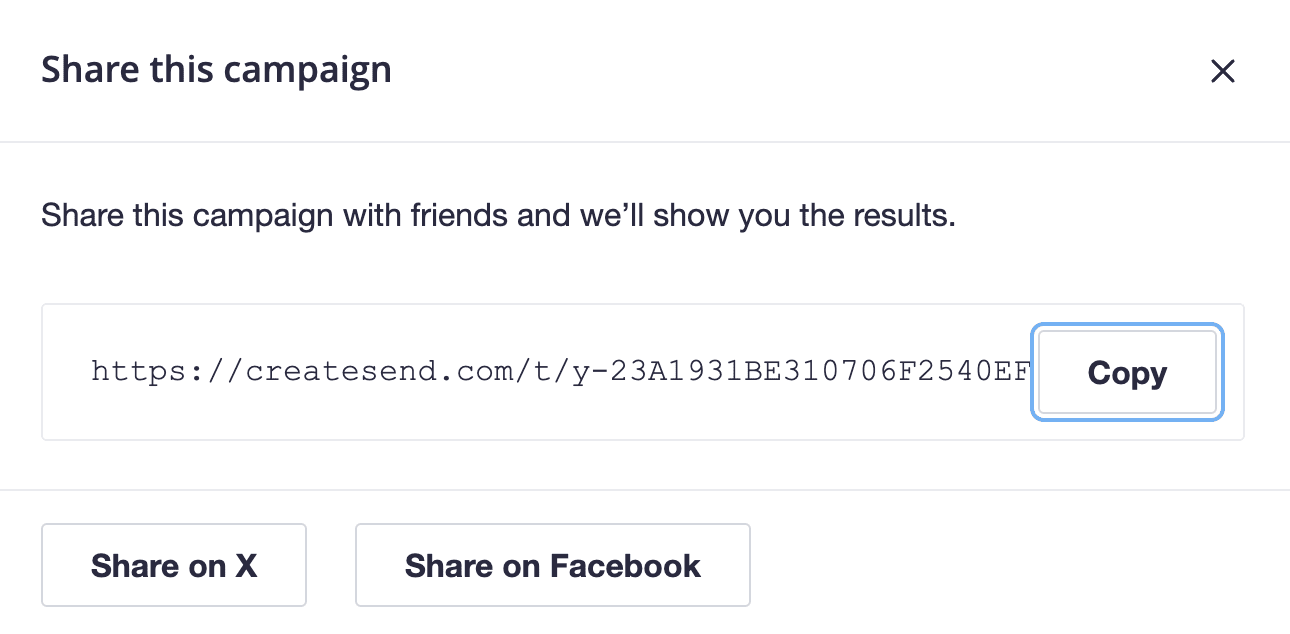 The short link and share options for X (formerly Twitter) and Facebook