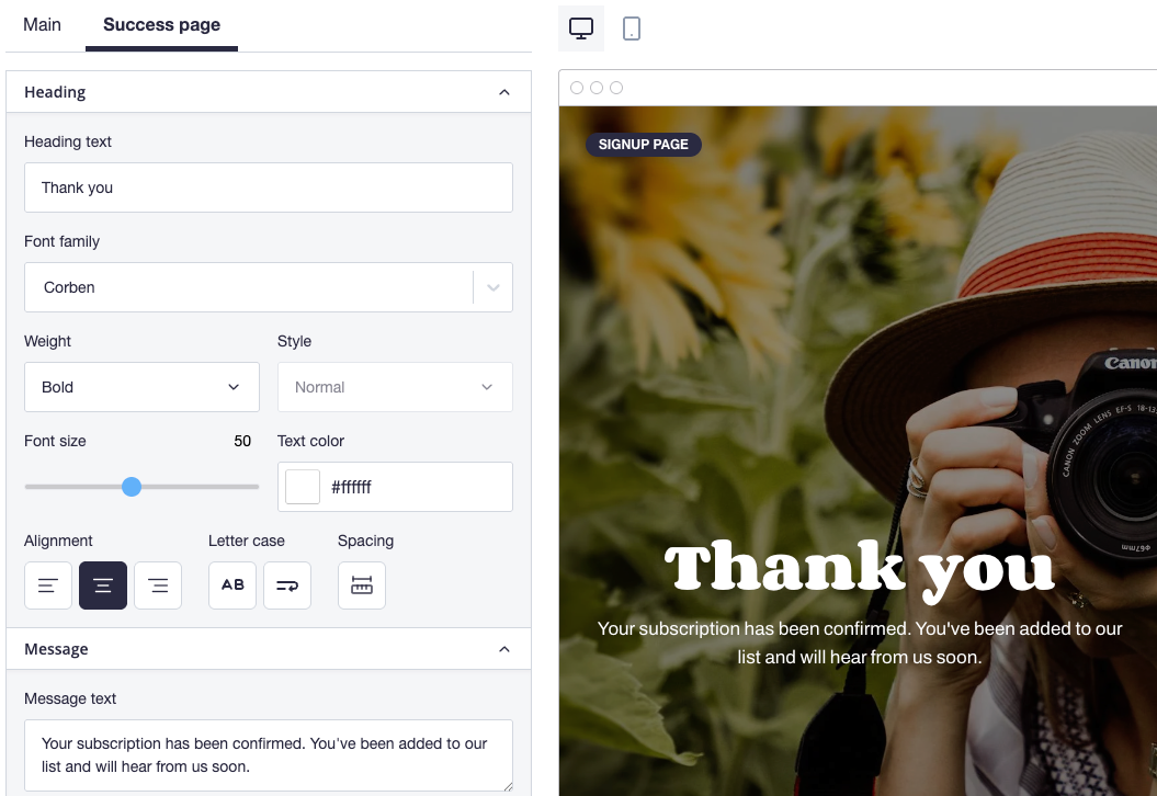 Preview of success page customisation options