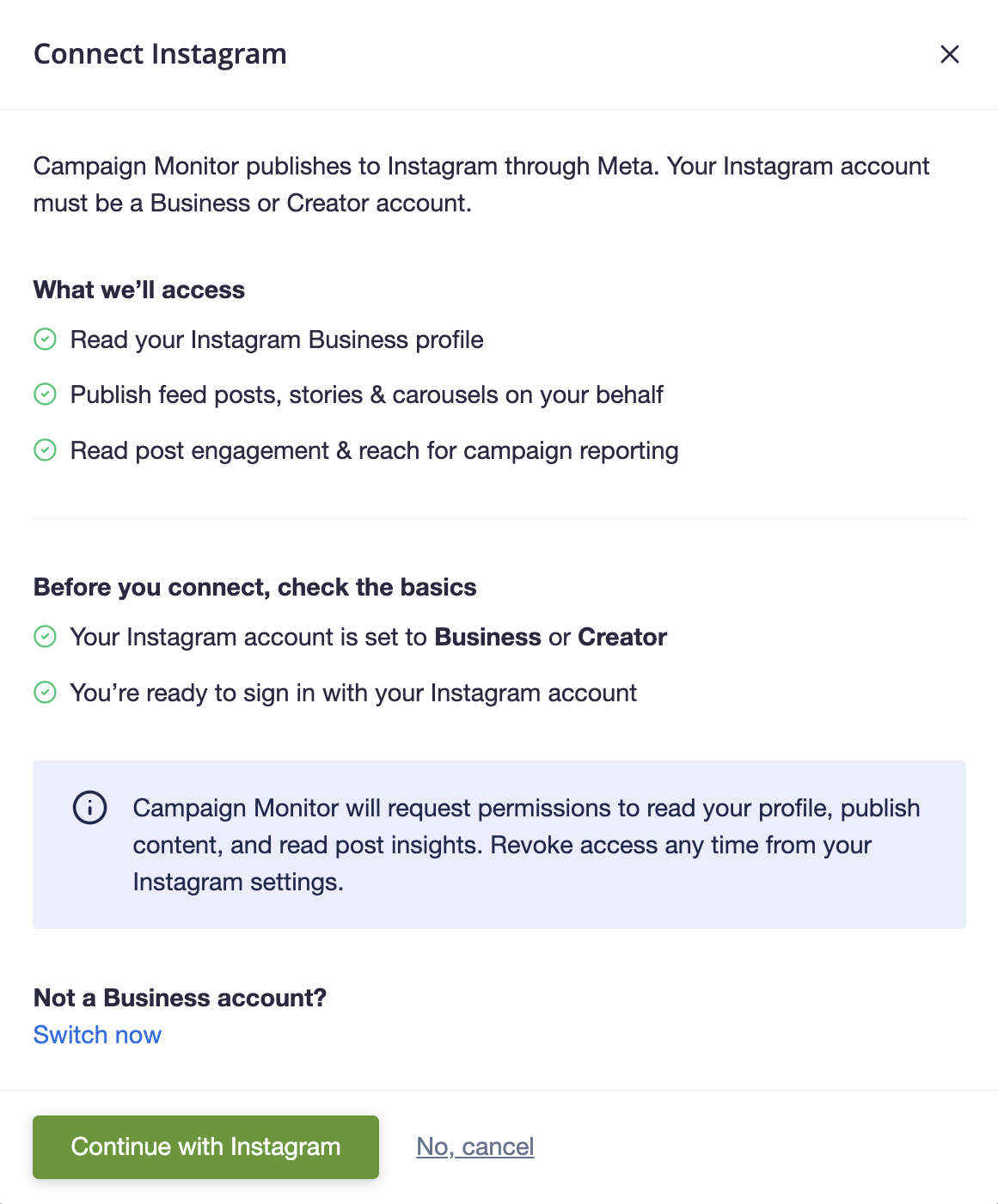 Connect account to Instagram UI