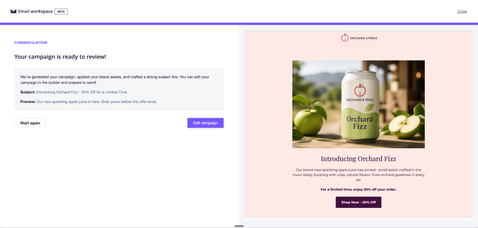 The campaign draft preview in email workspace, matched to the customer's brand