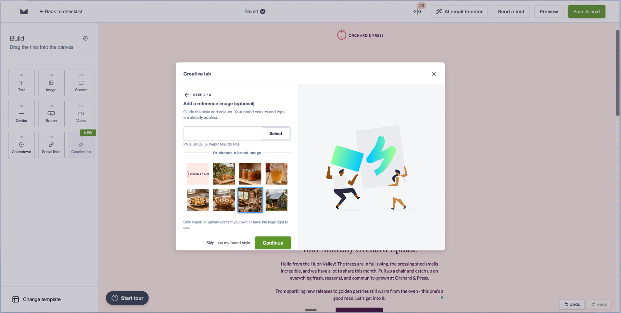 Creative lab open in the email builder showing the optional reference image step.