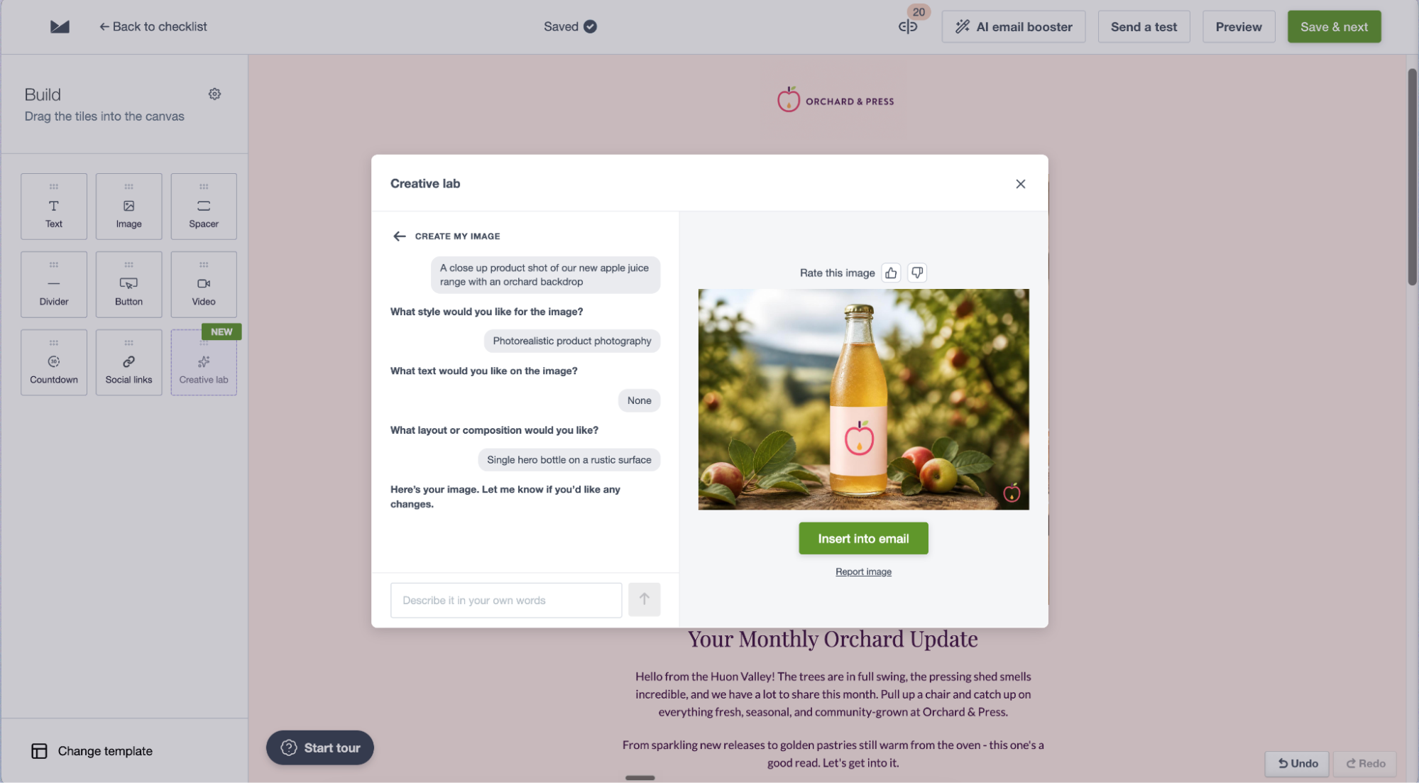 Creative lab open in the email builder, showing a generated, brand-matched image.