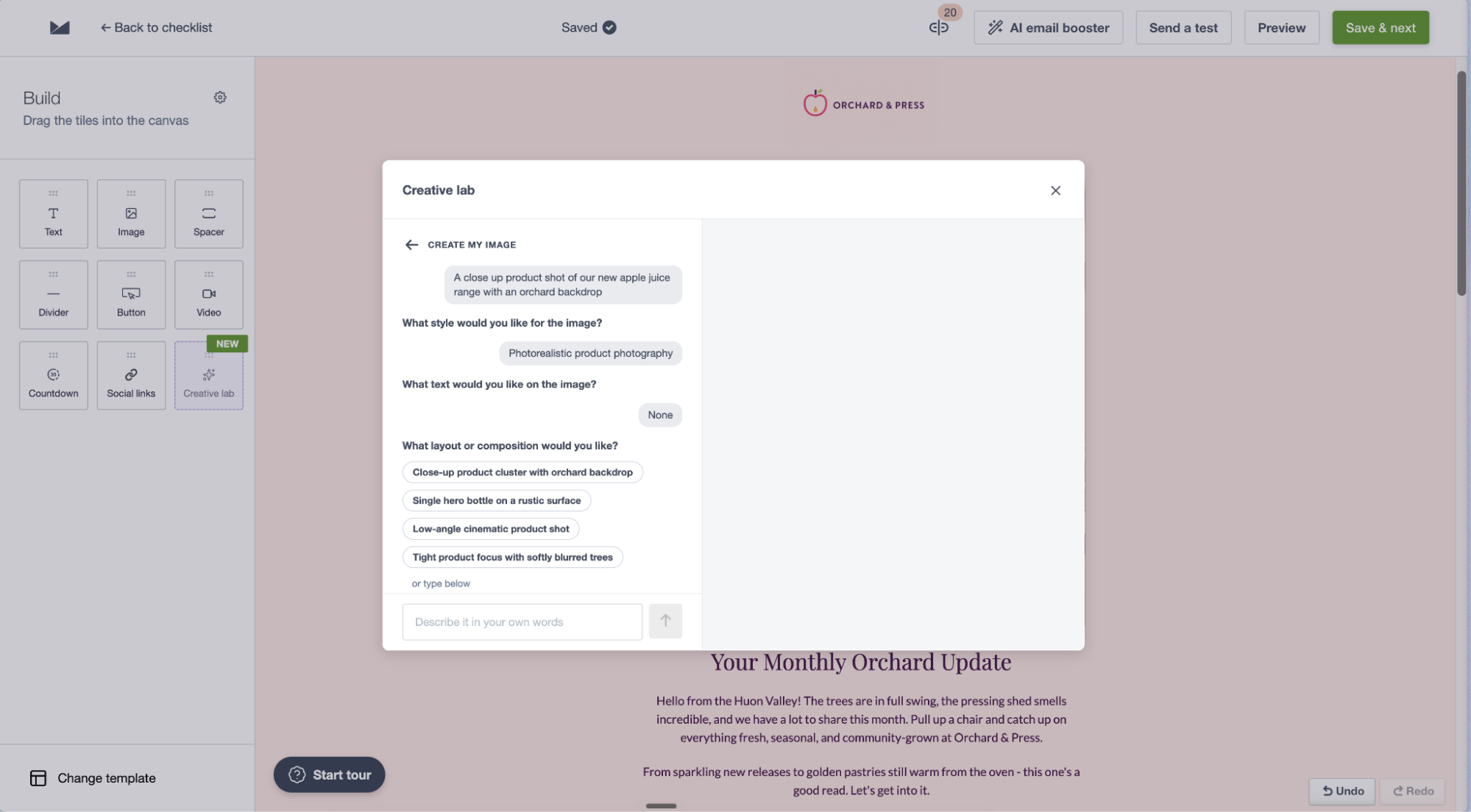 Creative lab asking follow-up questions, with suggested options and a free-text box