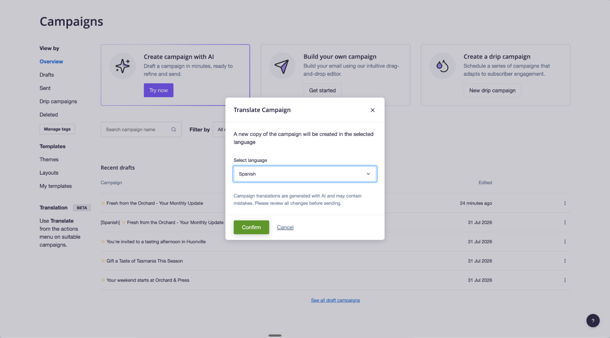 The Translate campaign window with the language selector.